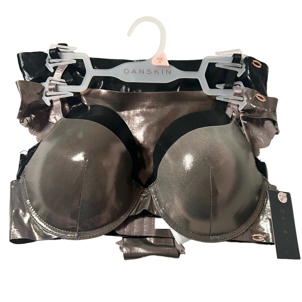 Danskin Woman’s Sexy 2 Bra & Panties Set Black Grey Push-Up 36B or 34C NWT